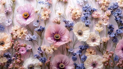 A vibrant arrangement of pastel flowers in various shapes and sizes against a soft background