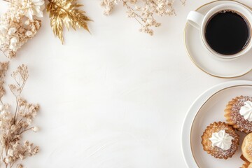 Xícara de café elegante com detalhes dourados, acompanhada de doces e decorações festivas em fundo branco, criada com IA generativa para um visual sofisticado e convidativo