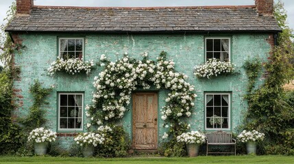 Obraz premium Picturesque Teal Cottage Adorned with Blooming White Roses