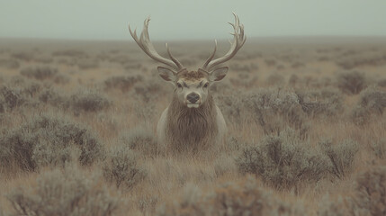 Obraz premium Majestic elk in foggy plains, wildlife photography