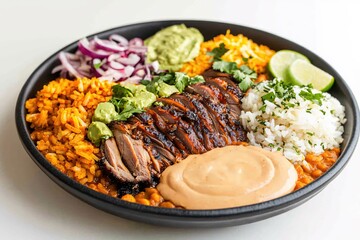 Delicious and Colorful Burrito Bowl with Grilled Steak and Fresh Toppings on a Black Plate
