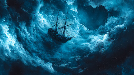 A mesmerizing ship sails through a cosmic sea of swirling blue, embodying adventure and mystery among the stars. Cosmic Shipwrecks. Illustration