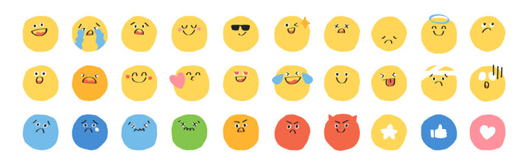 Fototapeta premium Colorful emoji set with various expressions: happy, sad, angry, surprised. Smiley faces, hearts, stars, and thumbs up. Fun and expressive emoji collection. Hand drawn cute emoticon set. Vectors.