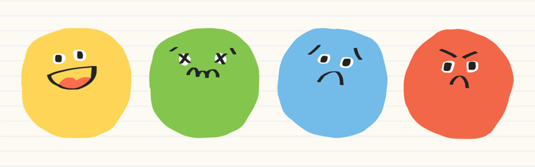 Colorful circles with expressive faces: happy yellow, anxious green, sad blue, angry red. Emotions on colorful circles. Expressive faces on circles. Hand drawn cute emoticon illustration set. Vectors.