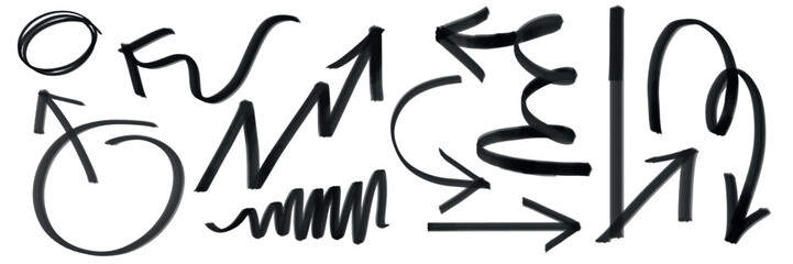 A collection of black arrows and lines in various shapes and directions. Arrows include curved, straight, and zigzag lines. Black arrows and lines in diverse forms. Hand drawn doodles set. Vectors.