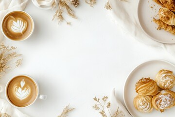 X&iacute;cara de caf&eacute; elegante com detalhes dourados, acompanhada de doces e decora&ccedil;&otilde;es festivas em fundo branco, criada com IA generativa para um visual sofisticado e convidativo