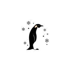 Illustrative Penguin with Snowflakes on White Background in Minimalist Art Style