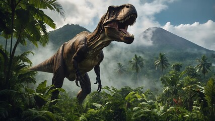 Jurassic Majesty: A T. Rex Roaming a Primal Jungle with Volcanoes in the Distance