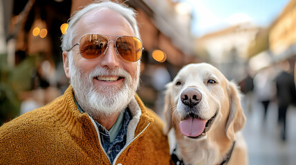Happy Senior Man with Golden Retriever in City