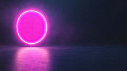 Neon pink circular light fixture illuminating a dark, misty space with reflections on the surface