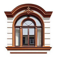 Obraz premium Elegant Ornate Arch Window with Brown Frame on White Building Facade.