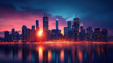 Fototapeta premium Stunning City Skyline at Sunset Glowing Buildings Urban Landscape