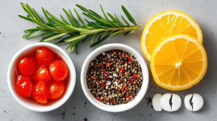 Fresh Ingredients Concept with Rosemary, Tomatoes, Lemon, and Spices
