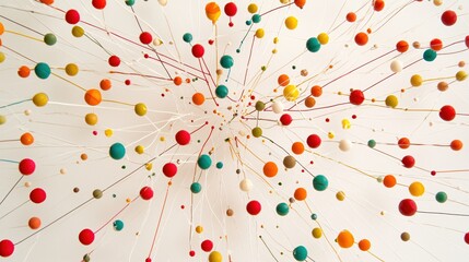 Abstract Colorful Spheres Connected by Lines Against a White Background in a Bursting Pattern