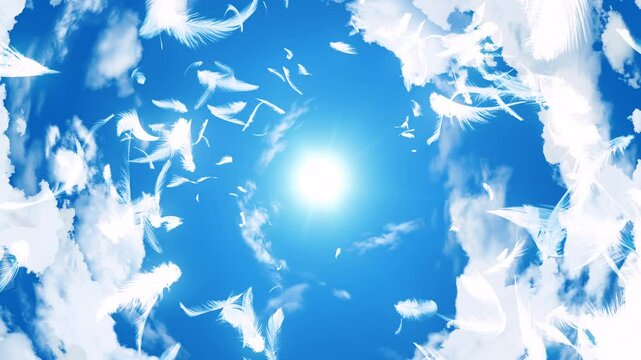 螺旋状に吹き上がる羽根 青空と太陽