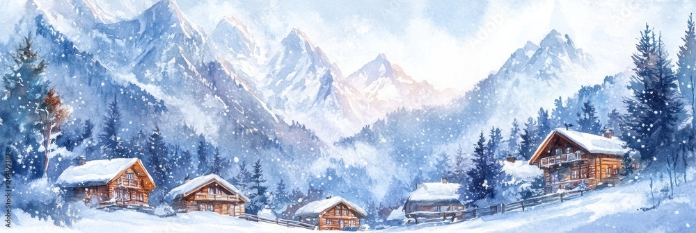 Aufkleber Winter landscape with charming alpine cottages nestled under snowy mountains in a tranquil setting during a snowstorm. Generative AI