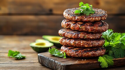 Stack of juicy grilled burger patties with avocado and cilantro on rustic wooden background
