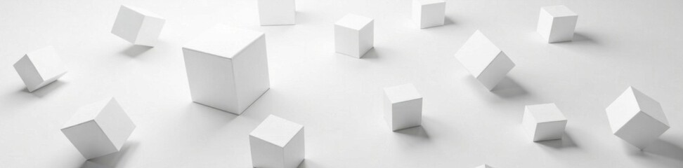 Shuffled white box cubes scattered across a monochromatic background, showcasing their geometric shapes, plain background, modern pattern, product styling