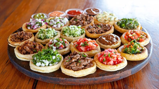 Delicious assortment of sope appetizers with various toppings on a wooden board close up