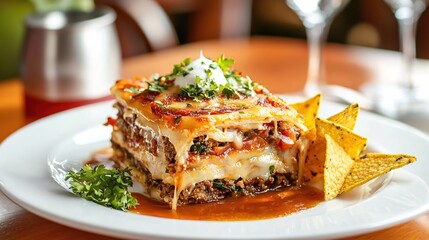 Delicious layered mexican casserole with tortilla chips and fresh parsley on a white plate