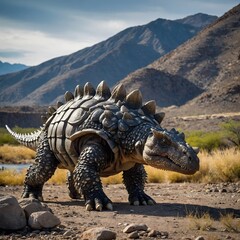 Obraz premium Endurance of the Past: Armored Ankylosaurus Crossing Ancient Riverbed