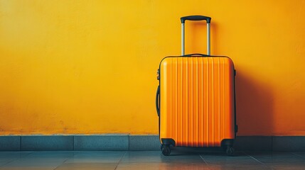 A bright orange suitcase stands out against a vibrant yellow background, creating a bold, travel-ready combination