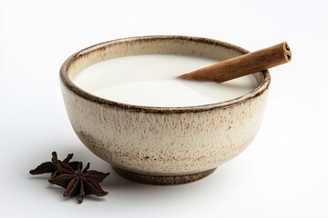 Creamy milk in rustic bowl with cinnamon stick and star anise on clean white background