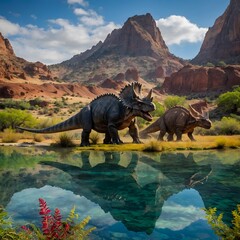 Fototapeta premium Ancient Harmony: Dinosaurs Congregating at Watering Hole in Lush Prehistoric Scene