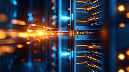 Server room data center with glowing fiber optic cables and lights in a modern style