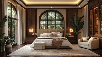 Luxurious Master Bedroom with Tropical View and Dark Wood Accents