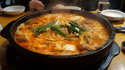 A bubbling hot pot of Kimchi Jjigae, filled with spicy fermented kimchi, tofu, pork, and green onions, served in a black earthenware bowl.