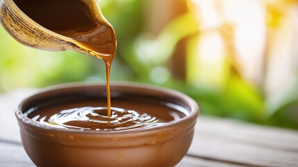 Pouring rich brown sauce into a bowl creating ripples in the liquid with a blurred background