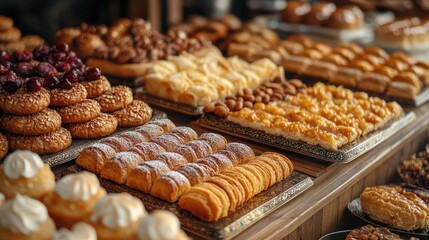 A vibrant display of assorted pastries and desserts at a bustling bakery, showcasing various treats