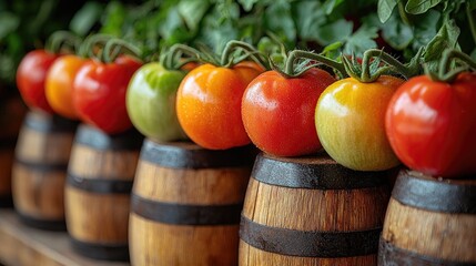 Freshly harvested tomatoes displayed on wooden barrels in a vibrant market setting