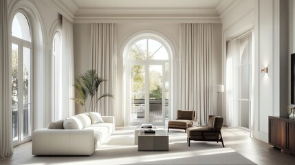 Luxurious living room, arched windows, balcony view, sunlight streaming in; ideal for real estate