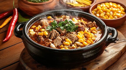 Fototapeta premium Hearty rustic stew with tender meat, sweet corn, and aromatic herbs in a black ceramic bowl