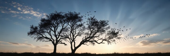 silhouetted tree against blue sky with birds flying free, wildlife, flight, nature