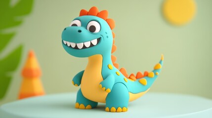 Fototapeta premium A cartoonish clay dinosaur with a big smile, short arms, and a playful stance, made with bright colors. 