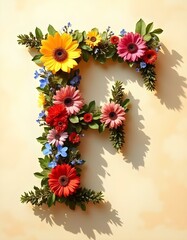 letter, F, floral, flowers, vibrant, colorful, artistic, elegant, design, organic, natural, red, yellow, pink, blue, white, blooms, green, leaves, accents, beige, background, soft, texture, warm, 