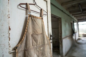 worker apron hang in dirty old workshop. Manual labor bad working condition