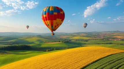 Obraz premium Hot Air Balloons Soaring Over A Vibrant Landscape On A Sunny Day Aerial Adventure Flight Tourism Freedom Rural Exploration Serenity