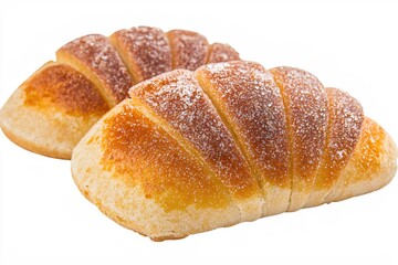 Two sweet golden croissants sprinkled with sugar powder on a clean white background closeup