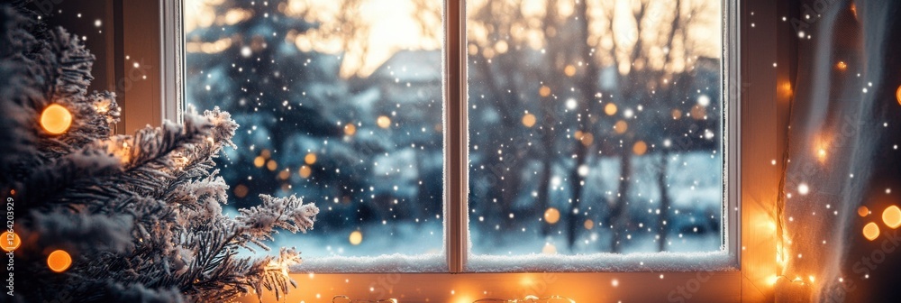 Poster snowfall scene viewed through a cozy window adorned with holiday lights during winter at sunset. gen