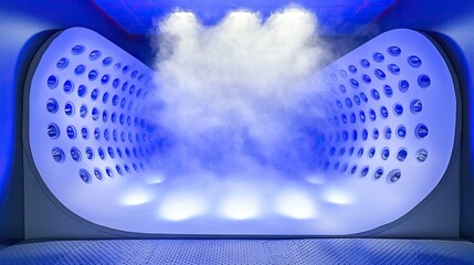 Futuristic indoor space with blue lighting and mist, showcasing a unique design for events