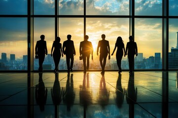 夕日を背にしたビジネスチームが高層ビルの窓辺に立つシルエット（企業の成長・リーダーシップ・チームワーク・未来）