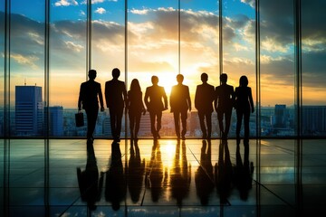 夕日を背にしたビジネスチームが高層ビルの窓辺に立つシルエット（企業の成長・リーダーシップ・チームワーク・未来）