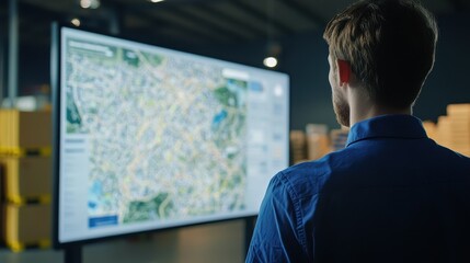 Logistics manager analyzing digital map with live shipment tracking. 
