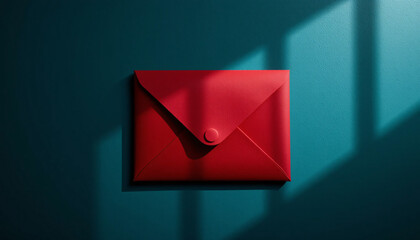 Bright Red Envelope on Dark Teal Background with Button Closure