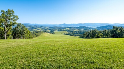 Obraz premium Rolling green hills, scenic mountain view, summer day, peaceful landscape, travel poster