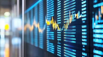 Dynamic stock market display showcasing fluctuating financial data in a modern office setting